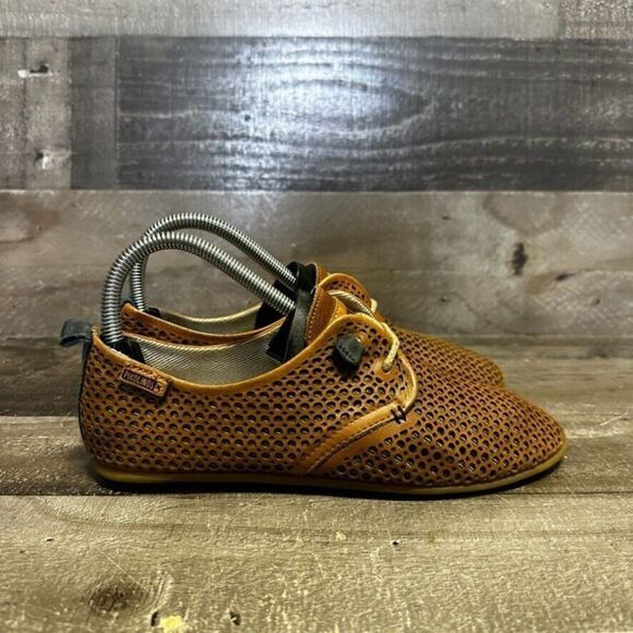 pikolinos womens perforated leather lace up flats loafers tan brown 37 - Picture 1 of 9